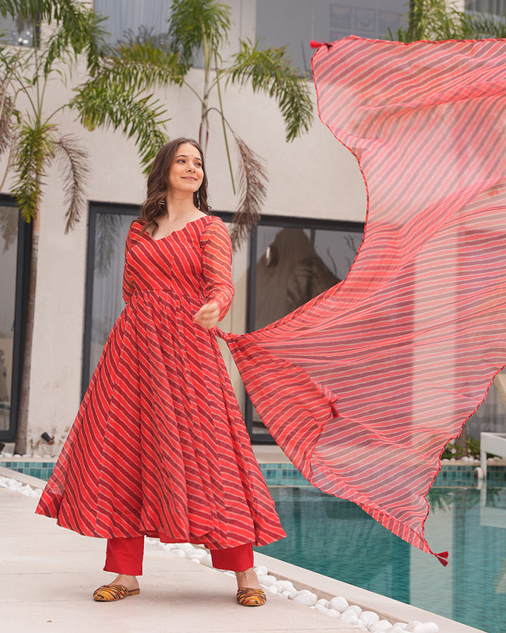 Orange And Brown Color Tabby Organza Three Piece Anarkali Suit