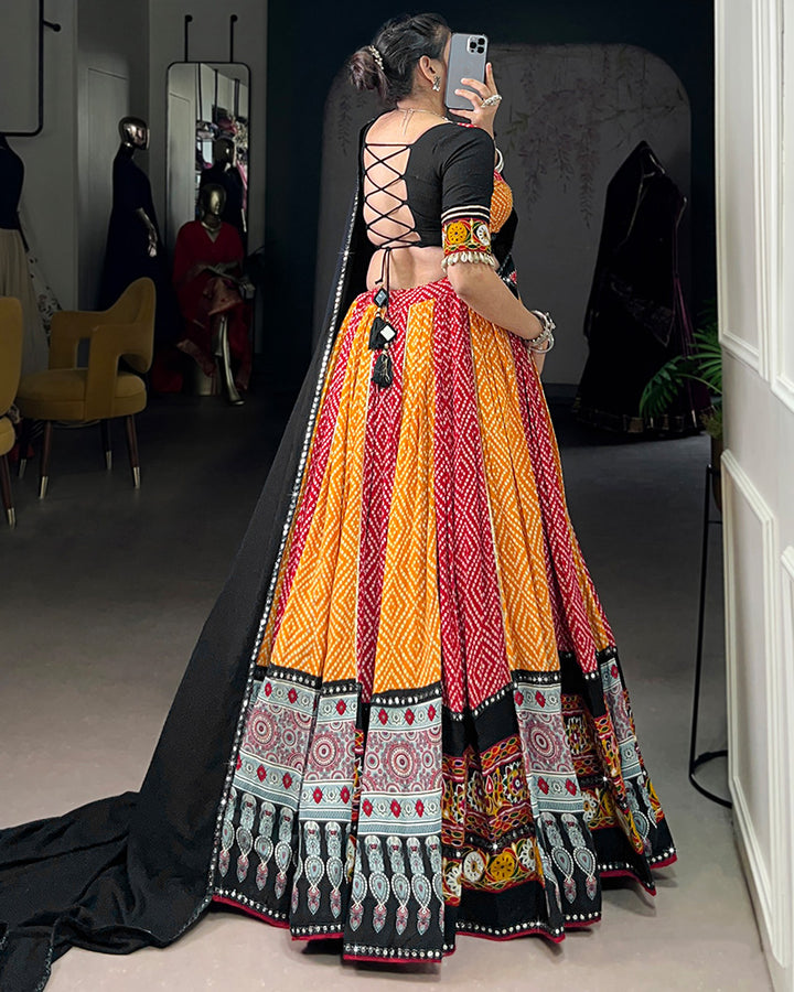 Red And Yellow Color Traditional Rayon Navratri Lehenga Choli