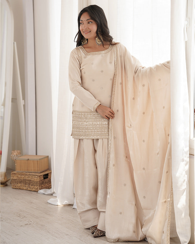 Off-White Color Roman Silk Embroidered Farshi Salwar Suit