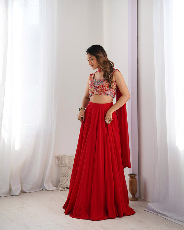 Attractive Red Color Pure Soft Georgette Embroidered Lehenga Choli
