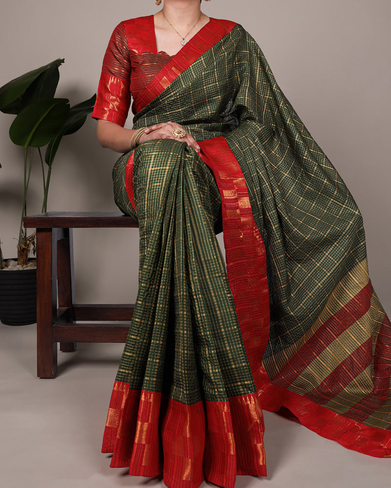 Green Color Poly Cotton Zari Weaving Saree
