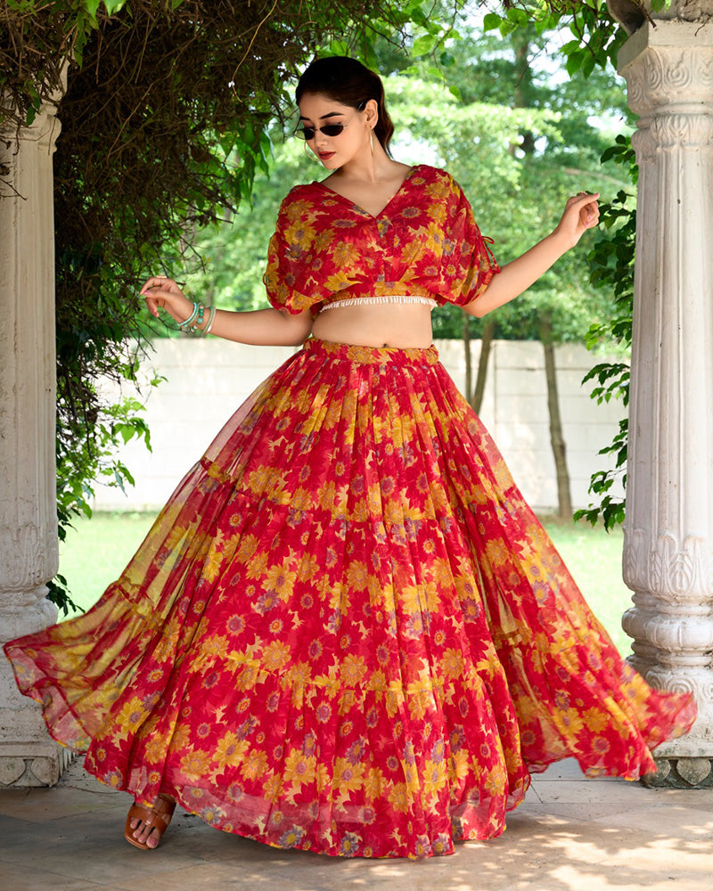 Red Color Chiffon Floral Printed Lehenga Choli