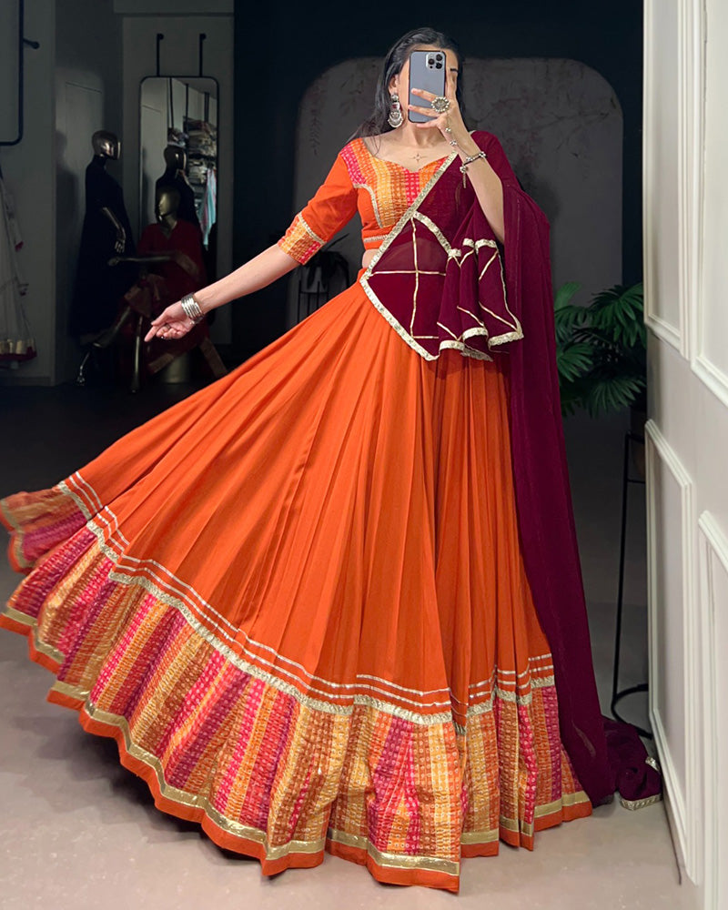 Orange Traditional Rayon Bandhej Lehenga Choli For Navratri