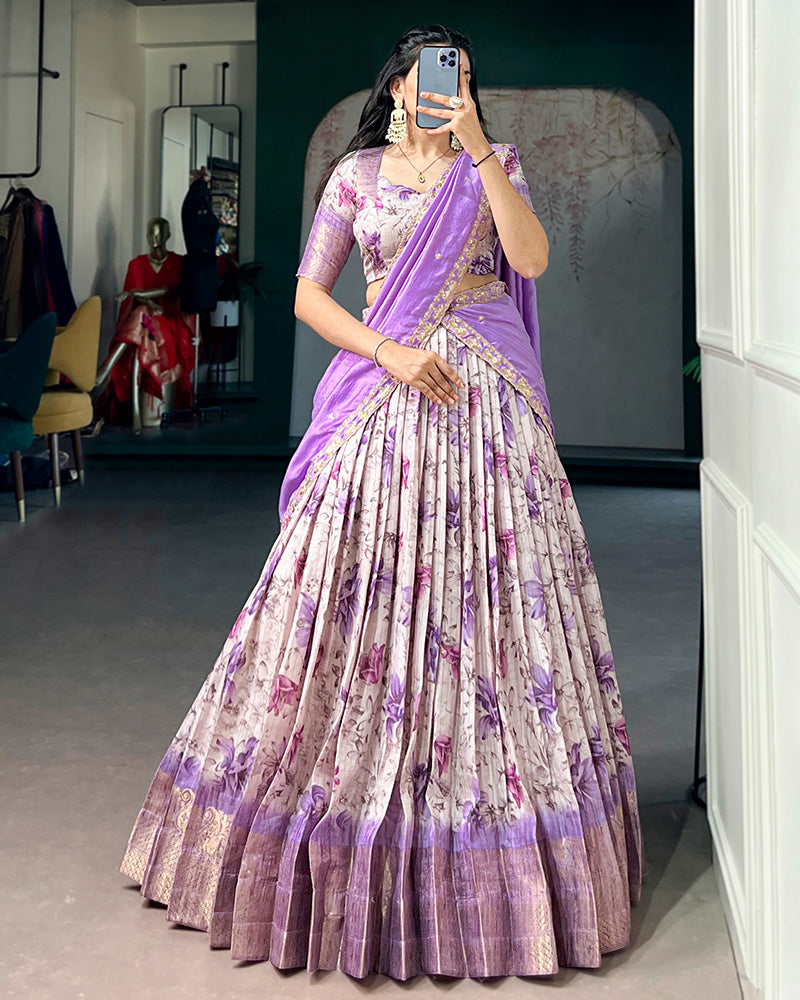 Purple Color Dola Chex Floral Printed Half Saree