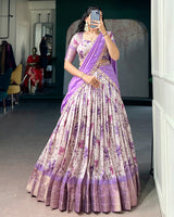Purple Color Dola Chex Floral Printed Half Saree