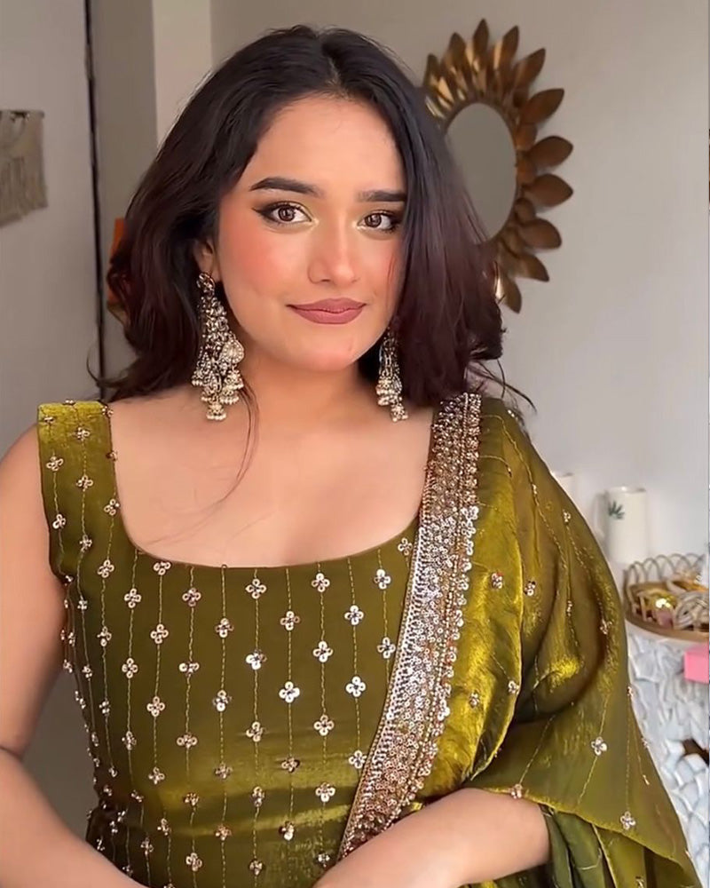 Mehndi Color Fendy Silk Embroidered Kurti Suit