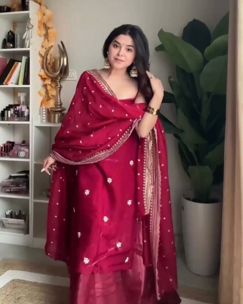 Maroon Color Soft Organza Plazzo Suit