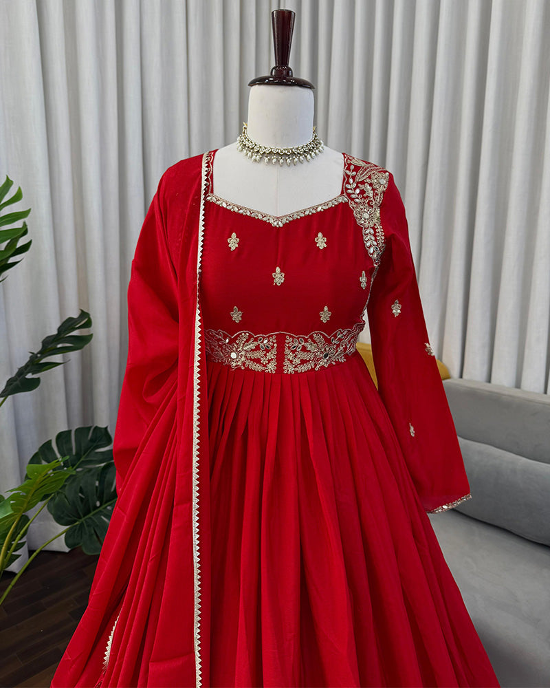 Red Color Pure Chinon Embroidered Three Piece Anarkali Suit