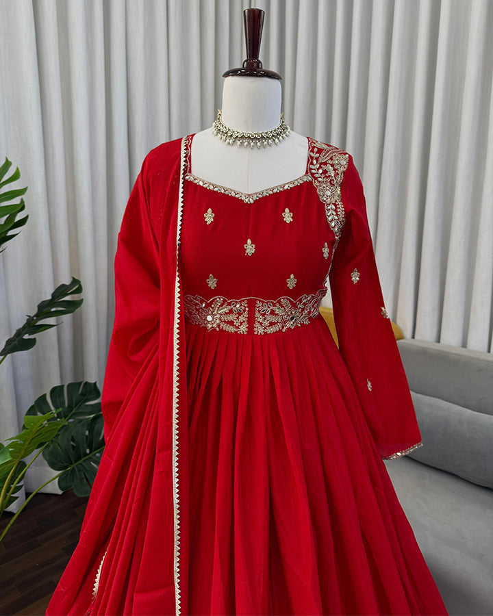 Red Color Pure Chinon Embroidered Three Piece Anarkali Suit