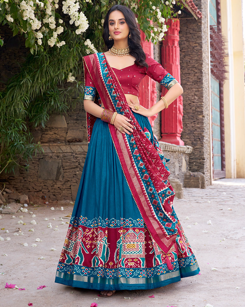 Designer Patola Printed Teal Green Color Tussar Silk Lehenga Choli