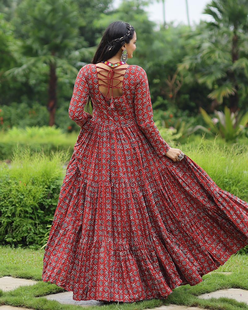 Navratri Special Maroon Color Cotton Gamthi Work Gown