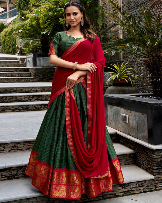Cultural Green and Red Color Poly Cotton Lehenga Chex Half Saree