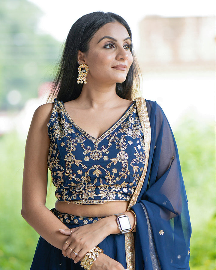 Navy Blue Color Sequence Embroidery Georgette Lehenga Choli