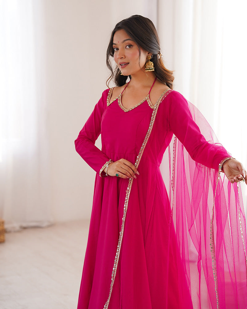 Rabi Pink Color Chanderi Roman Silk Three Piece Anarkali Suit