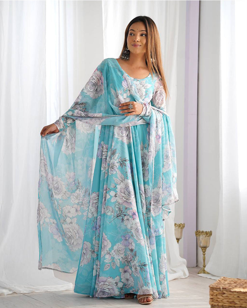 Sky Blue Color Georgette Floral Printed Gown