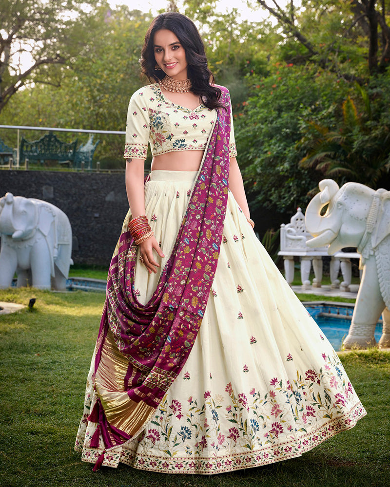 Flower Design Off-White Color Khadi Cotton Embroidered Lehenga Choli