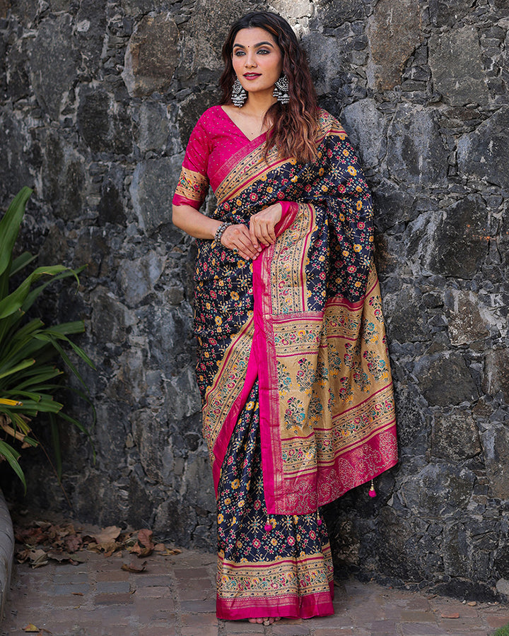 Blue Color Foil Print Stone Work Dola Silk Saree
