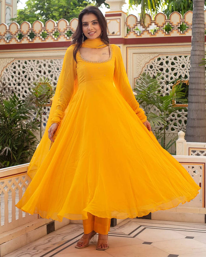 Yellow Color Georgette Three Piece Anarkali Suit