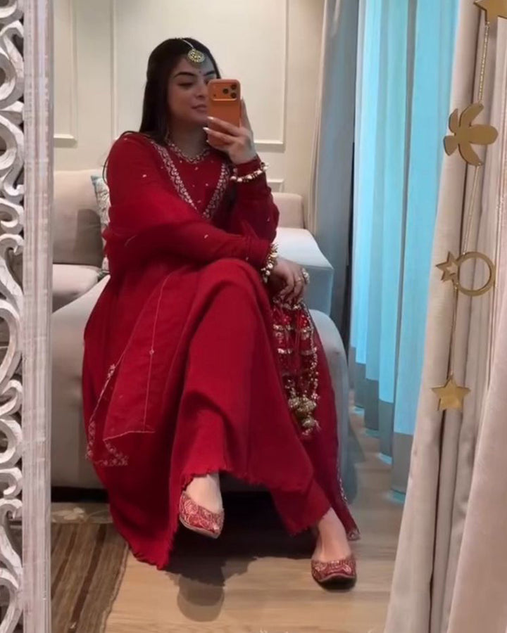 Red Color Chinon Silk Embroidered Plazzo Suit