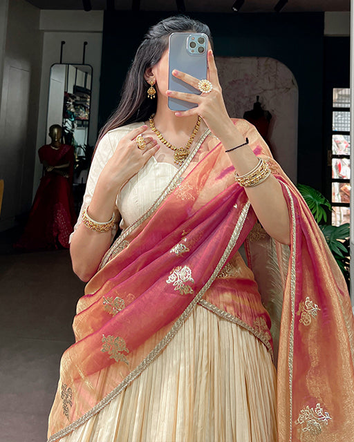 Off White Color Poly Kotha Tussar Zari Weaving Half Saree