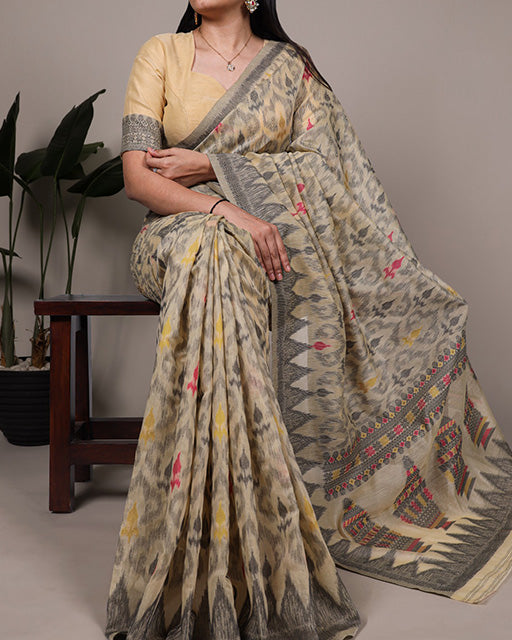 Cream Color Thread Weaving Poly Cotton Saree