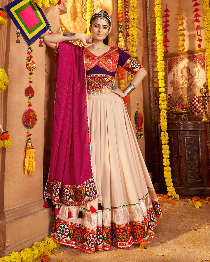 Elegant Beige and Maroon Navratri Lehenga Choli With Rich Embroidered Accents