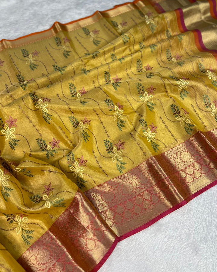 Yellow Color Tissue Silk Floral Embroidered Saree