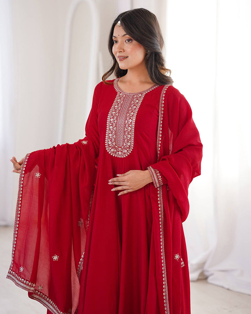 Dark Red Color Vichitra Silk Embroidered Gown
