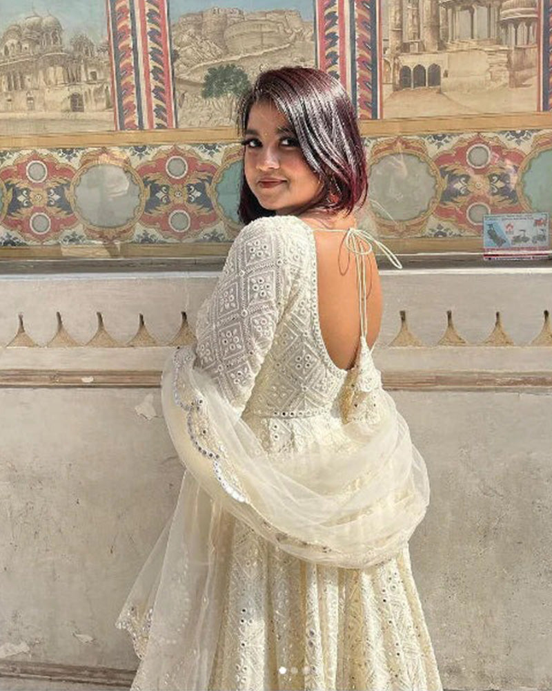 White Color Pure Georgette Embroidered Gown