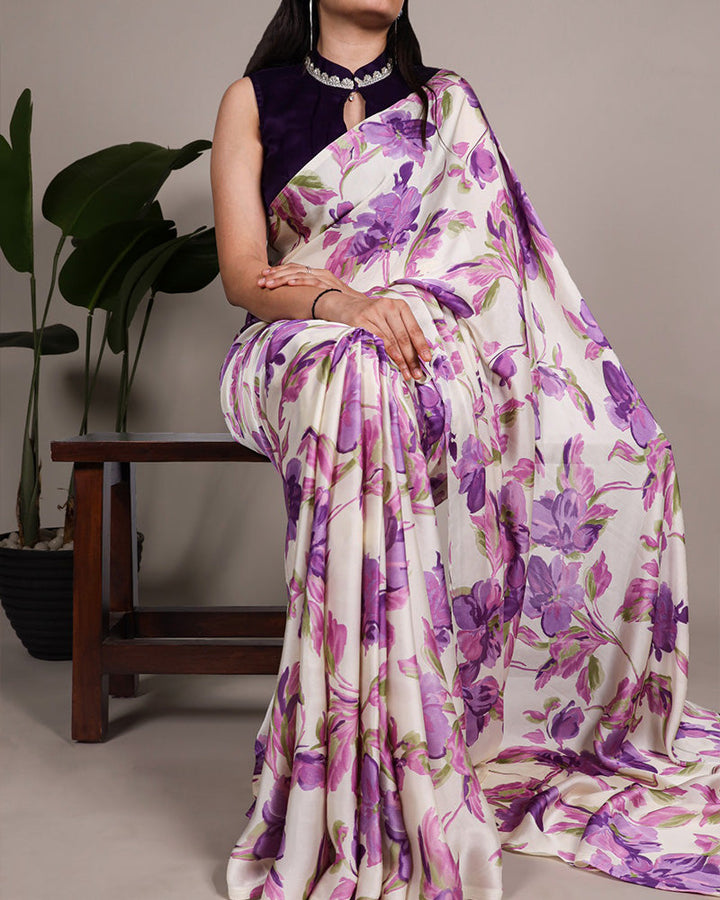 Purple Color Satin Silk Floral Printed Saree