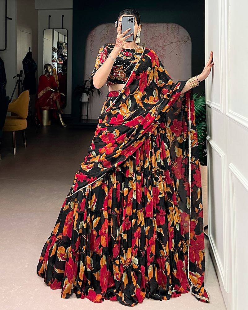 Black Color Marble Floral Printed Lehenga Choli
