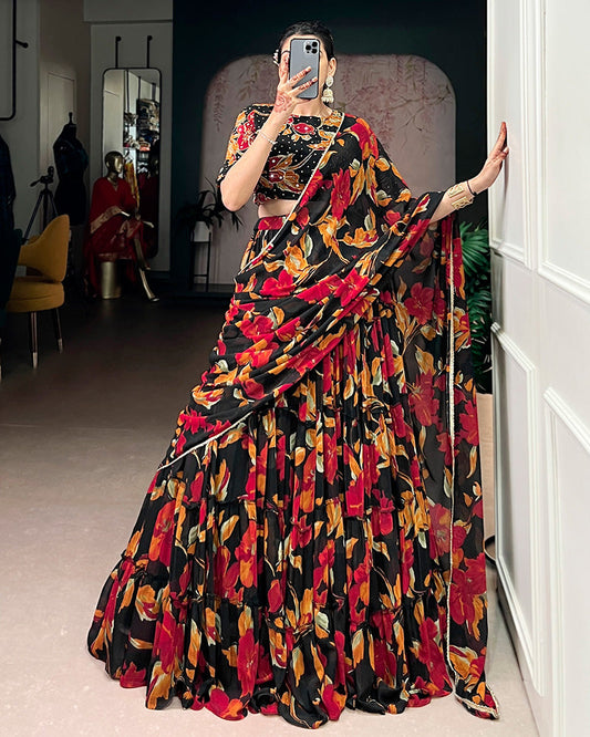 Black Color Marble Floral Printed Lehenga Choli