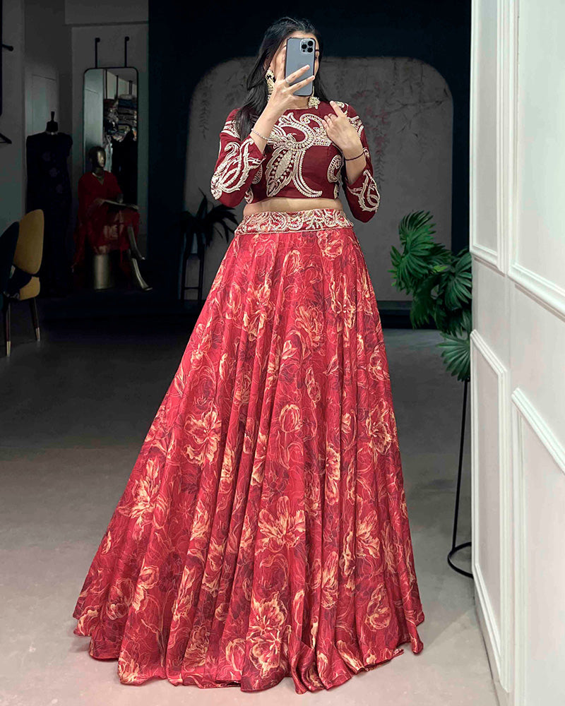Red Color Tasar Silk Printed Embroidered Lehenga Choli