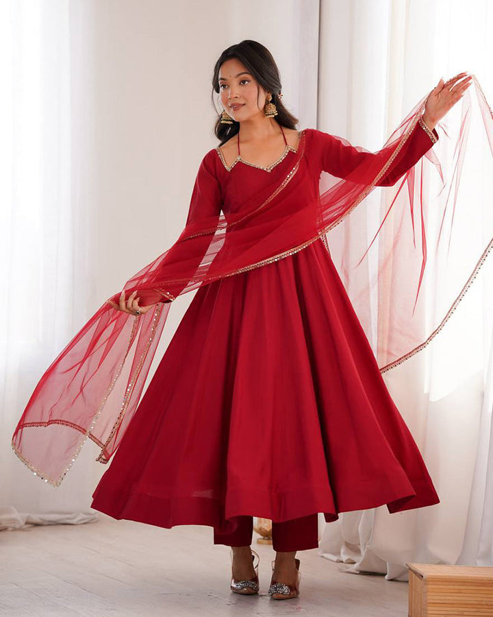 Maroon Color Chanderi Roman Silk Three Piece Anarkali Suit