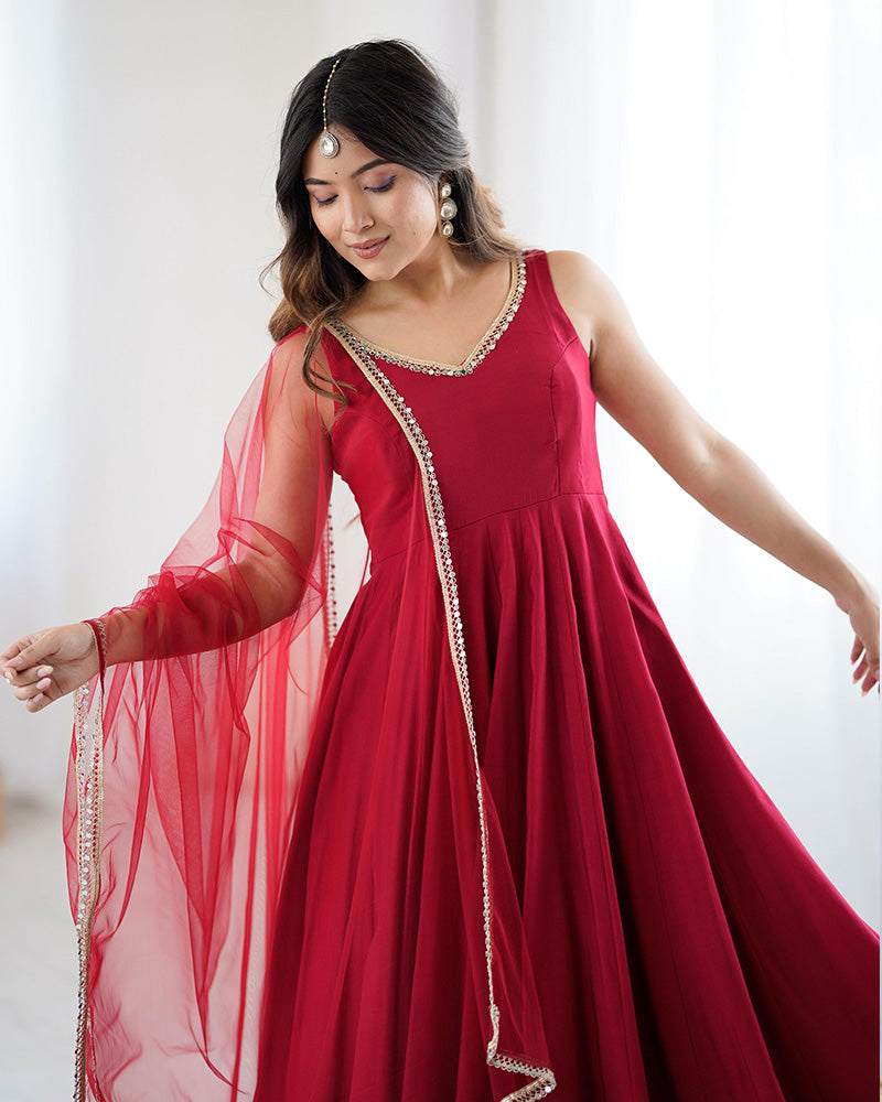 Designer Maroon Color Roman Chanderi Silk Anarkali Suit