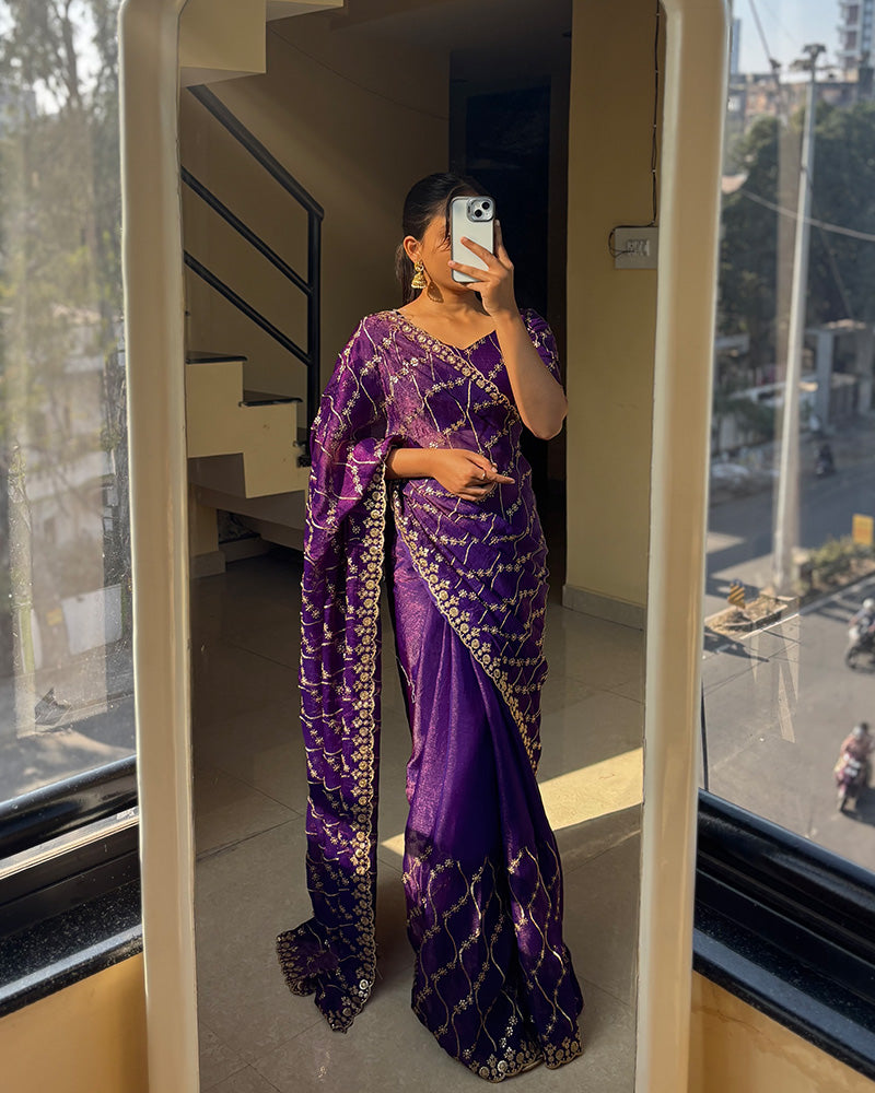 Purple Color Space Silk Embroidered Saree