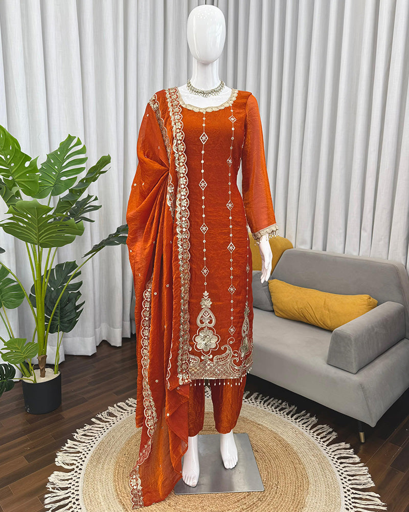 Rust Orange Color Fendi Silk Three Piece Kurti Suit
