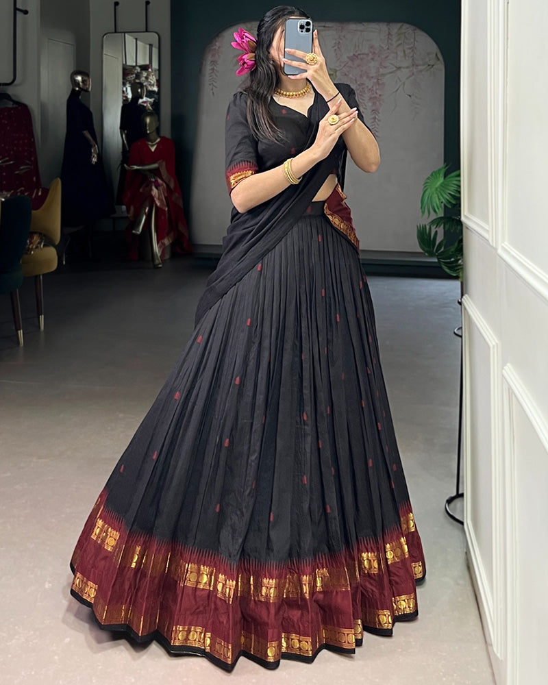 Traditional Black Color Chanderi Half Saree With Zari Detailing