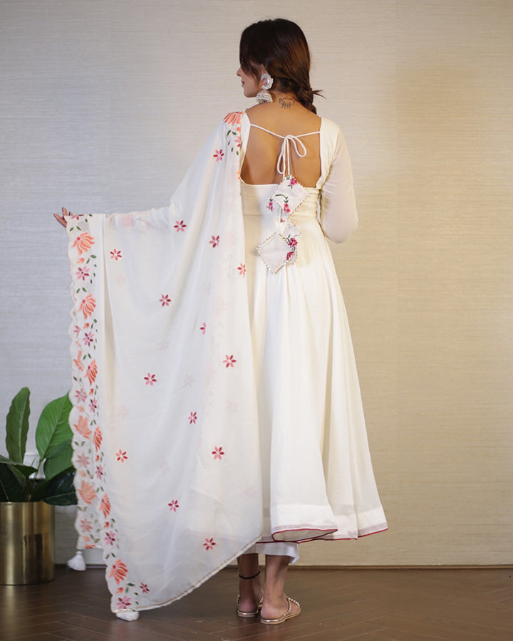 Off-White Color Georgette Anarkali With Pant And Dupatta