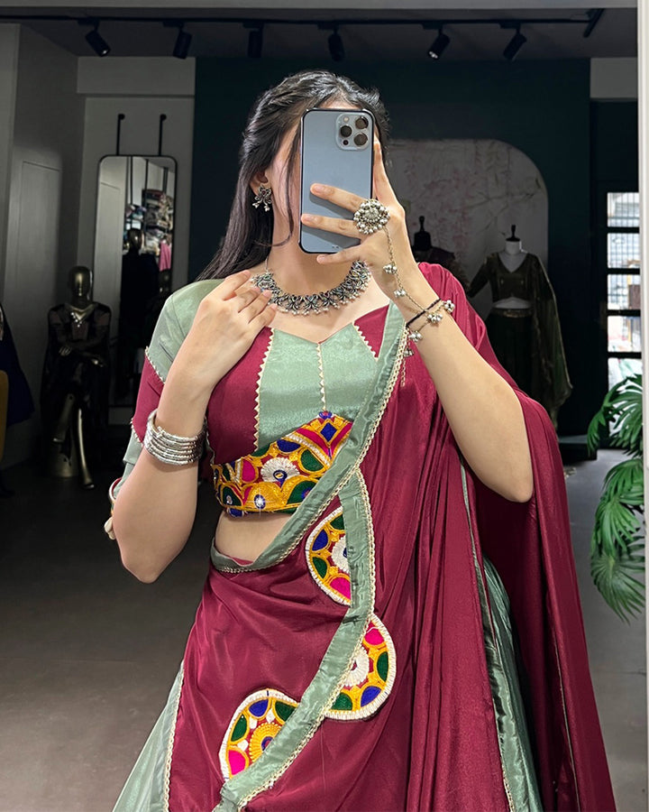 Charming Pista and Maroon Silk Crape Lehenga Choli With Traditional Touch