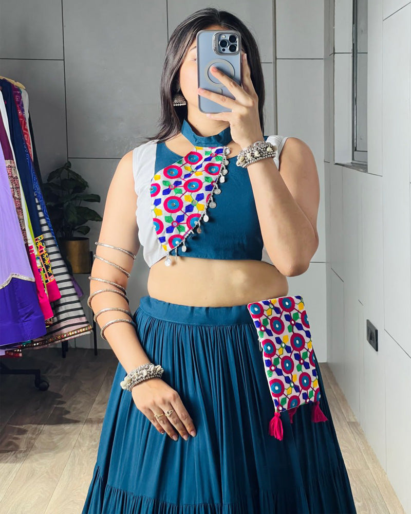 Traditional Rama Color Frilled Style Navratri Lehenga