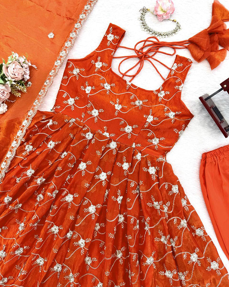 Orange Color Fendi Silk Three Piece Anarkali Suit