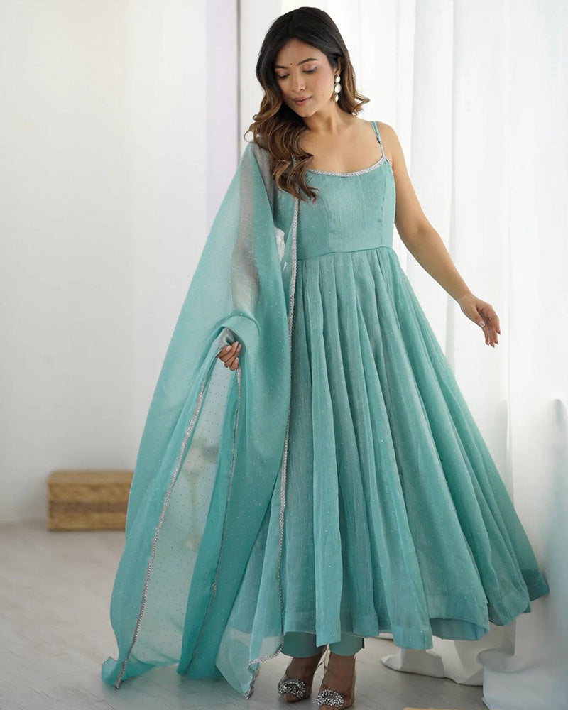 Designer Sky Blue Color Crunchy Silk Anarkali Suit