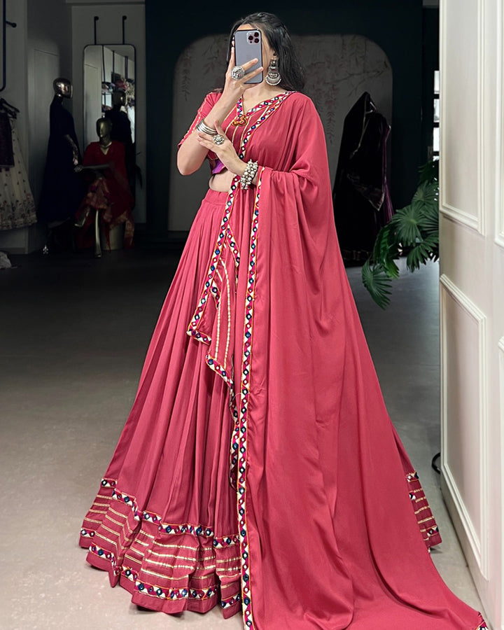 Vibrant Dark Pink Color Rayon Gamthi Work Navratri Lehenga Choli