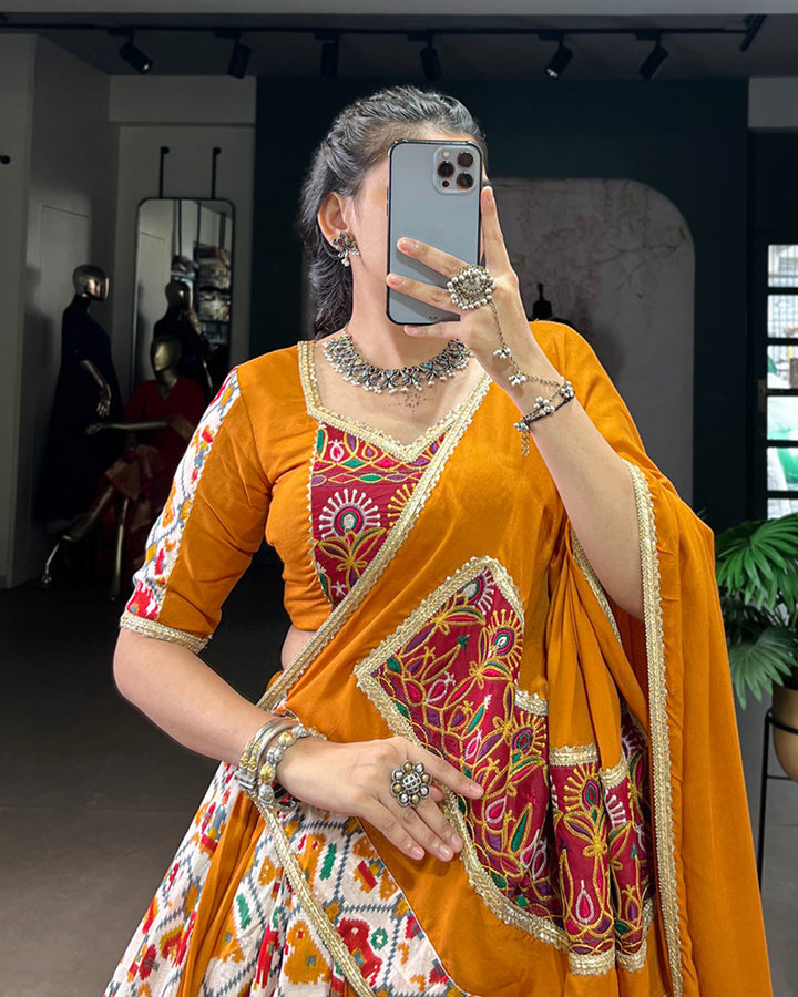 Mustard Color Rayon Printed Gamthi Work Navratri Lehenga Choli