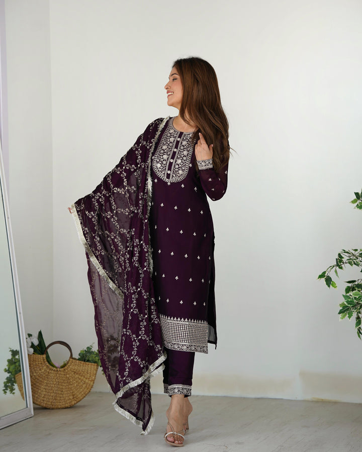 Wine Color Blooming Rangoli Silk Three Piece Salwar Suit