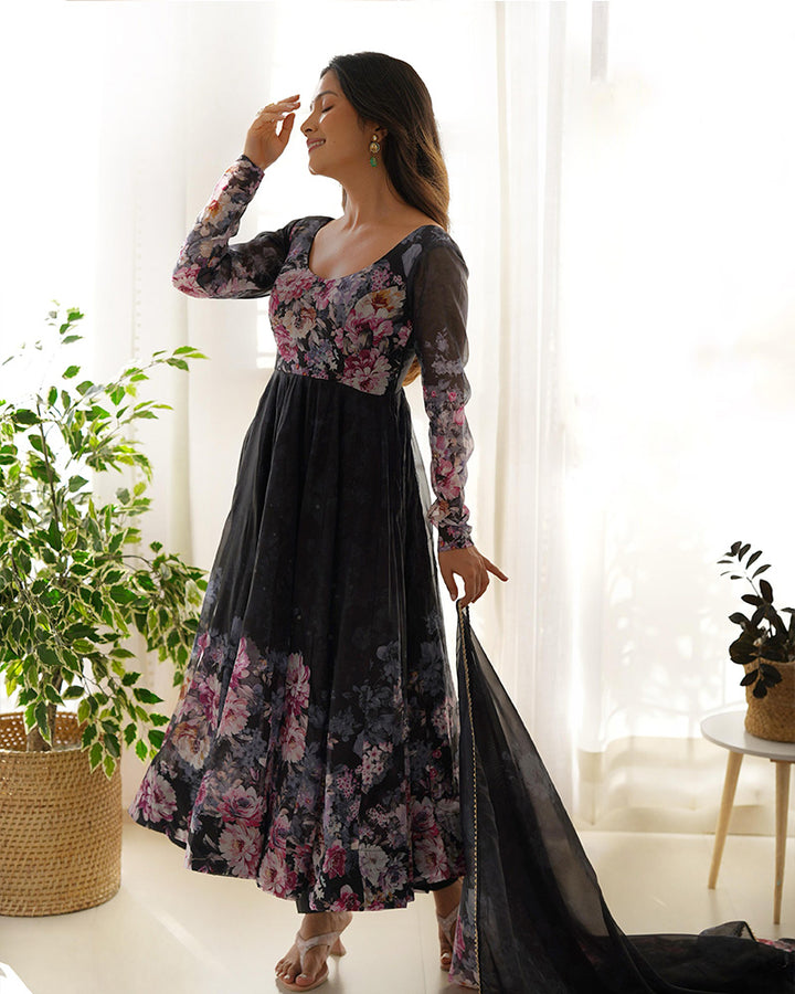 Black Color Organza Silk Three Piece Anarkali Suit