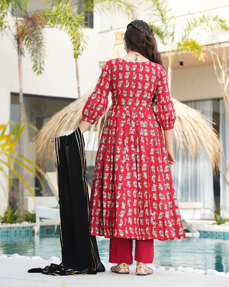 Maroon and Black Color Printed Pure Cotton Anarkali Suit