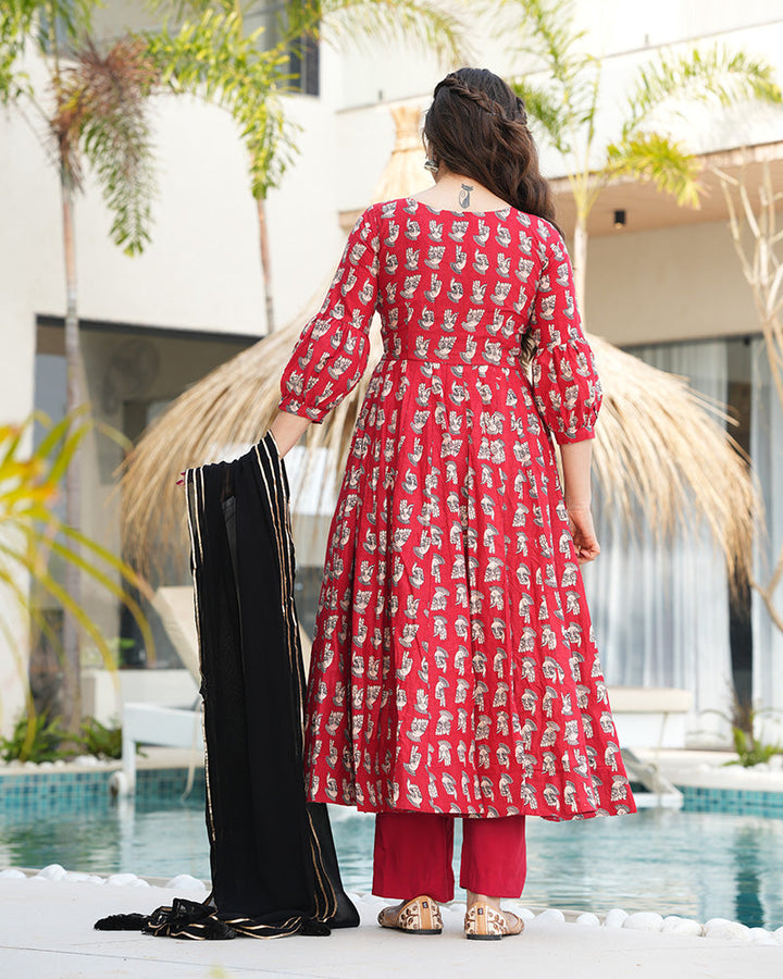 Maroon and Black Color Printed Pure Cotton Anarkali Suit