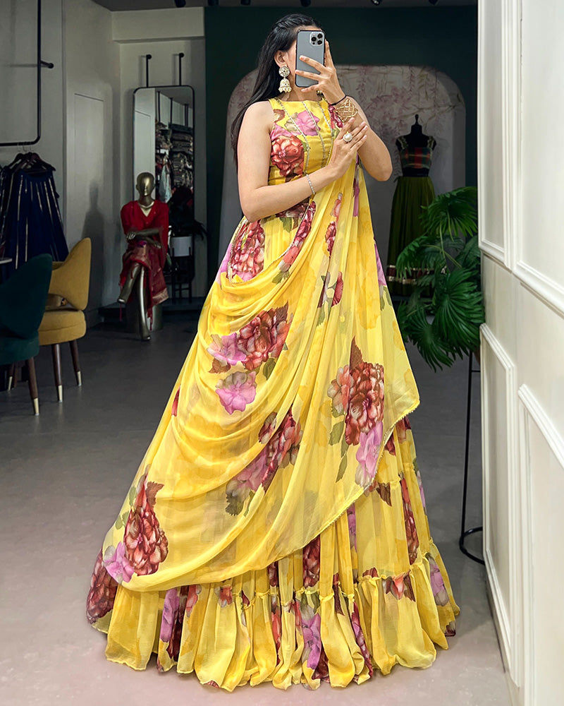 Yellow Color Lightweight Chiffon Printed Lehenga Choli
